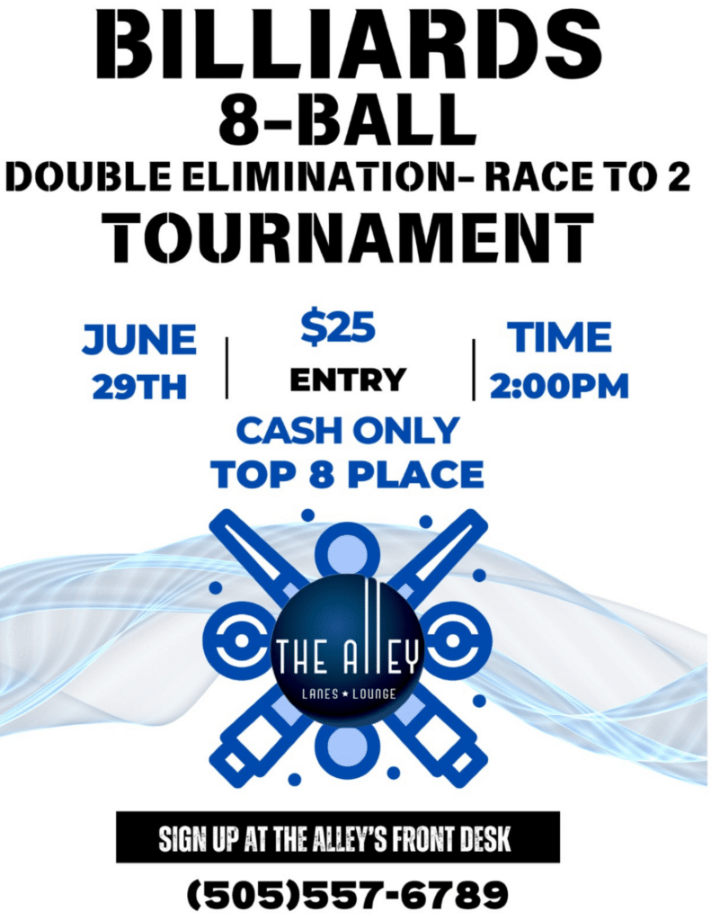 Saturday June 29, 2024 we will be hosting are next Billiards tournament at 2:00pm! Sign up at front desk.